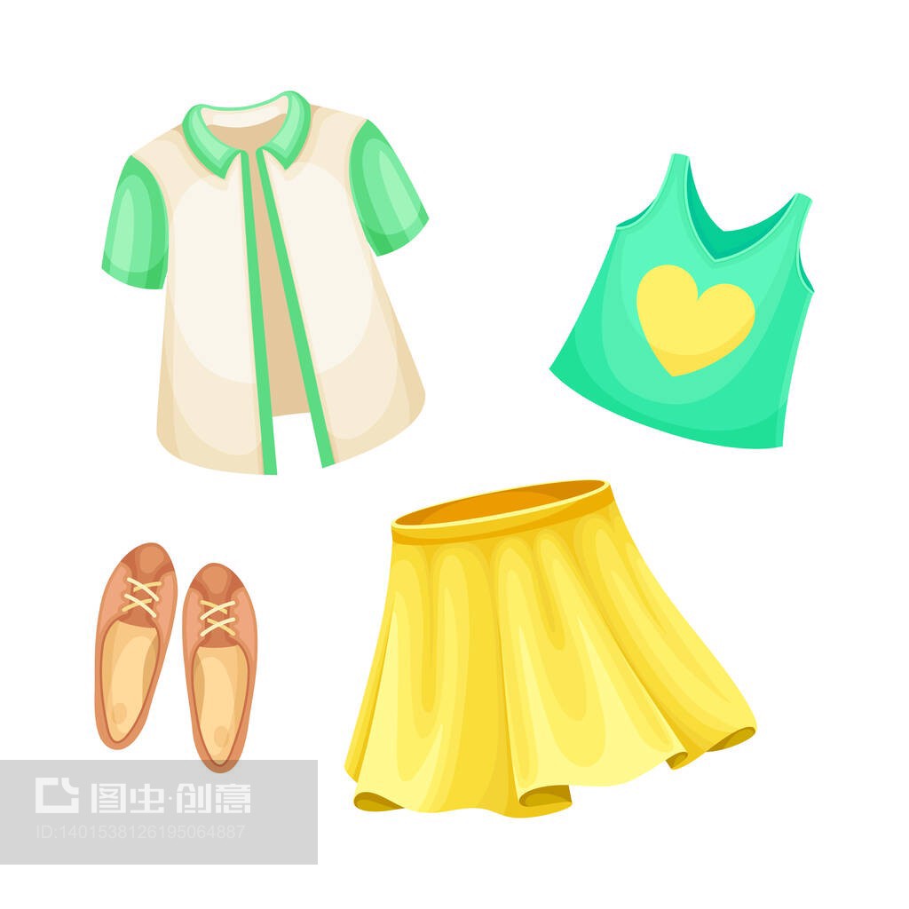 女孩套裝的夏季服裝。襯衫,背心,裙子和芭蕾舞鞋卡通矢量插圖